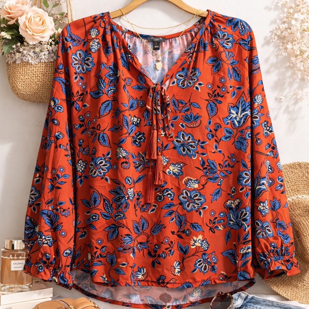 Ann Taylor Orange Floral Tie-Neck Blouse with Blue Accents